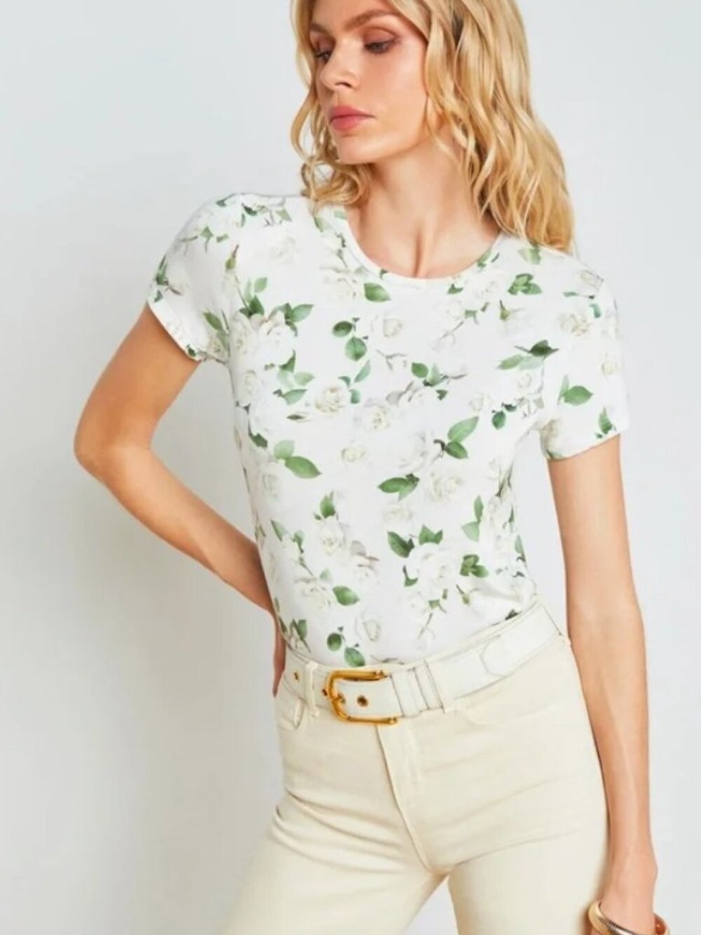 L’AGENCE ressi fitted tee White Rose Floral Print T-Shirt Top NWT XS